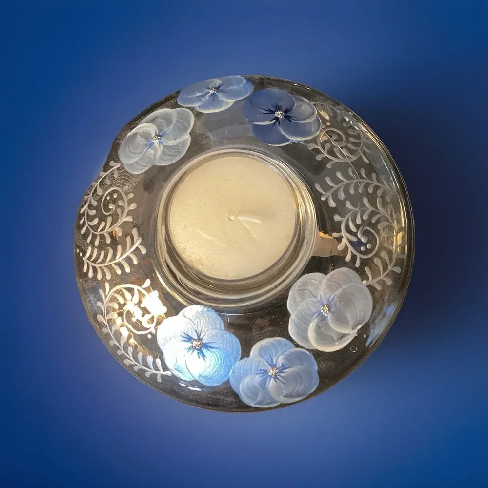 Vtg Glass Votive Candle Holder‎ Hand Painted Madiggan Australia Gorgeous Blue